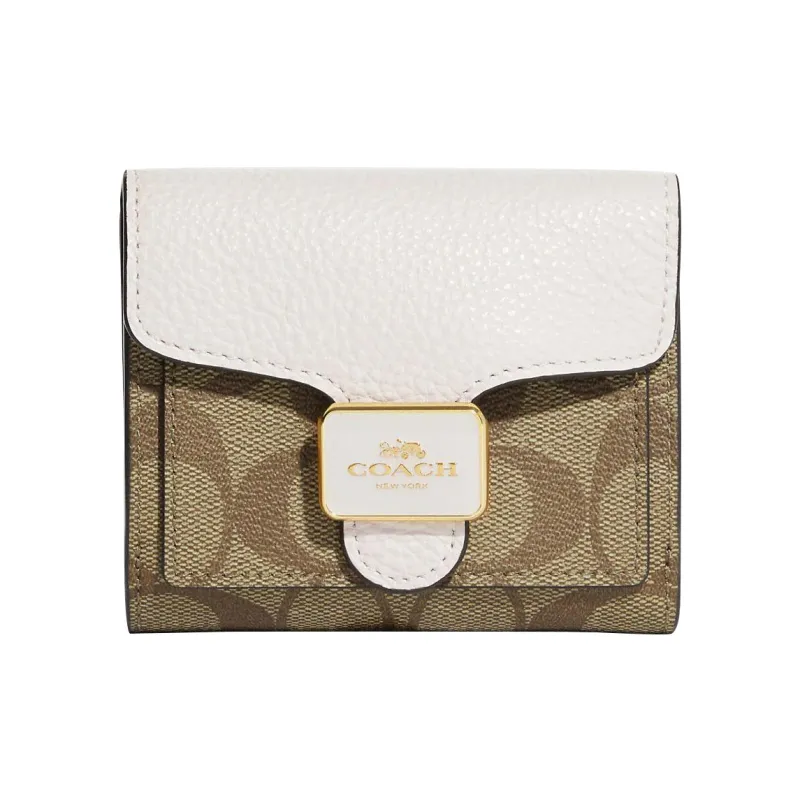COACH Pepper Coated Canvas With Refined Pebbled Leather Card Holder, Wallet Regular Women's Khaki & Chalk White-0