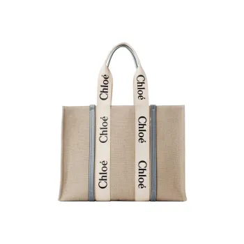 Chloe Woody Linen Canvas With Calfskin Detail Canvas Bag Tote Bag Shopping Bag Handbag Large Size Women's Beige/Blue