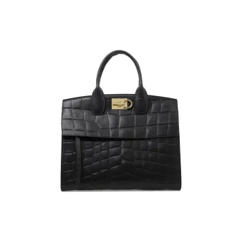 FERRAGAMO Crocodile Pattern Leather Shoulder Bag Crossbody Bag Handbag Women's Black