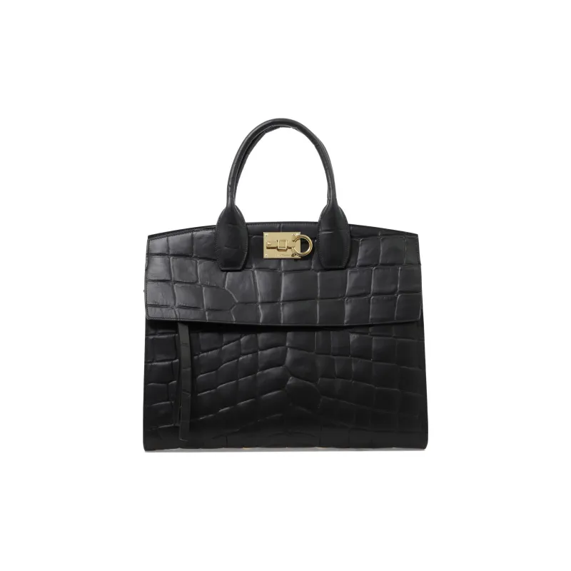 FERRAGAMO Crocodile Pattern Leather Shoulder Bag Crossbody Bag Handbag Women's Black-0