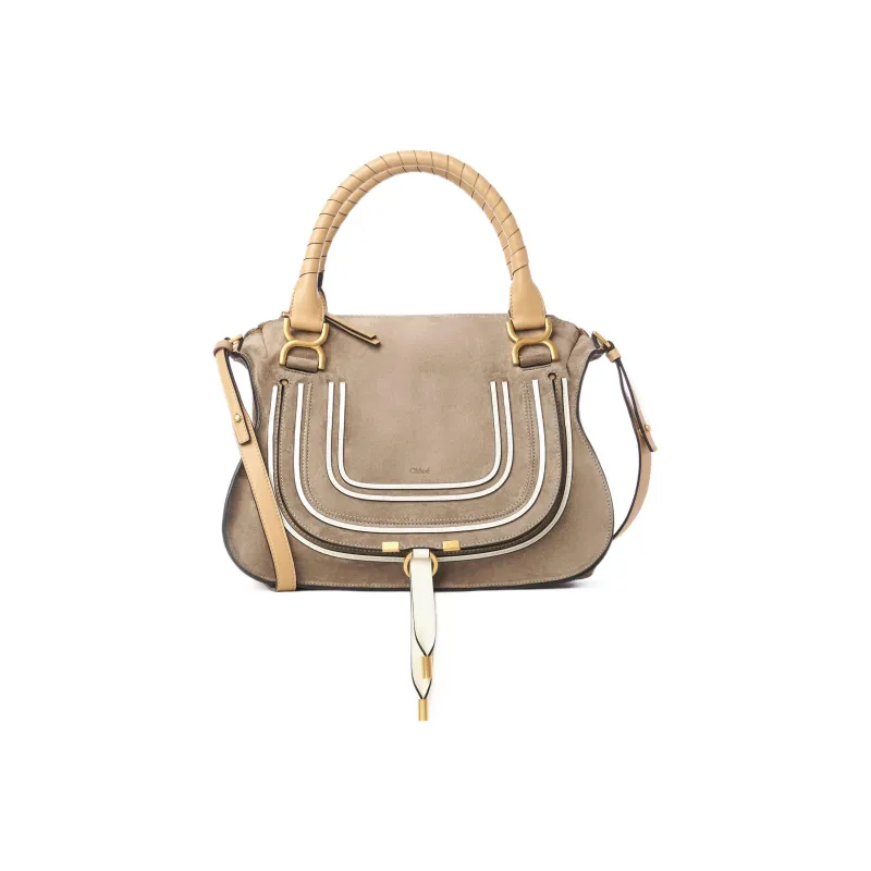 Chloe Marcie Suede Laminated Calfskin Shoulder Bag Crossbody Bag Handbag Medium Size Women's Gray-0
