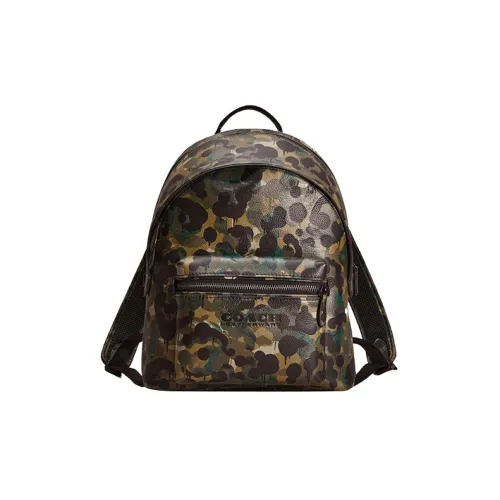 COACH Charter Glossy Pebbled Leather Backpack Large Size Men's Camouflage Green