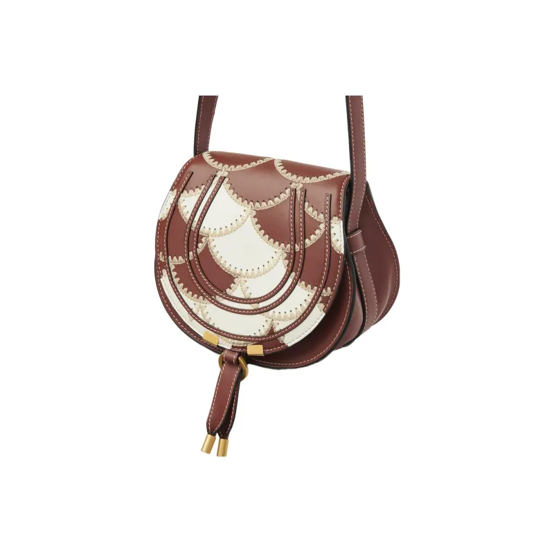 Chloe Marcie Nappa Lambskin Patchwork Shimmering Calfskin Saddle Bag Shoulder Bag Crossbody Bag Small Size Women's Tan-1