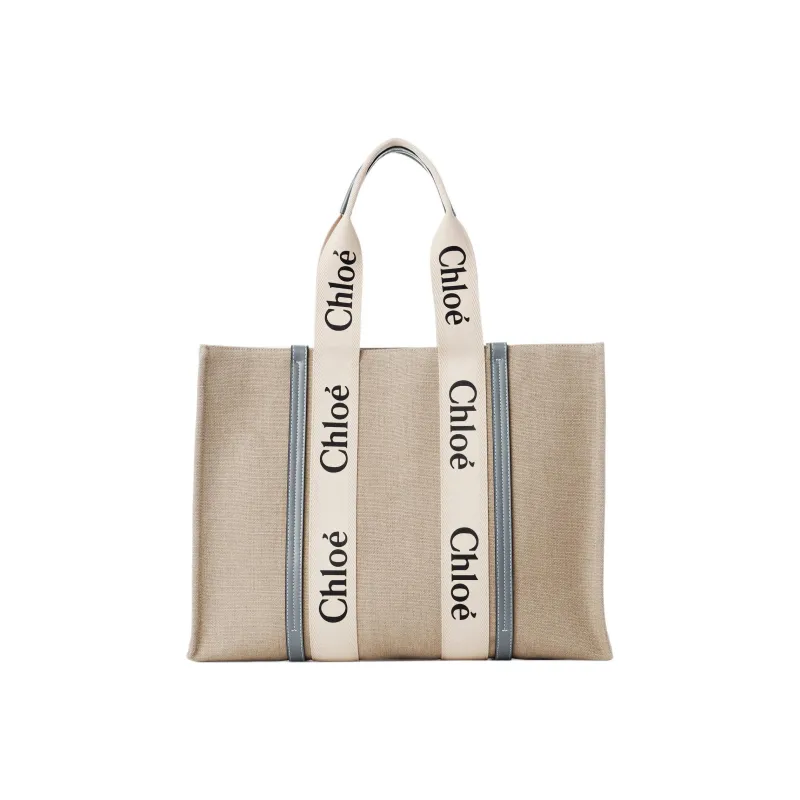Chloe Woody Linen Canvas With Calfskin Detail Canvas Bag Tote Bag Shopping Bag Handbag Large Size Women's Beige/Blue-1