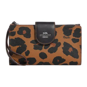 COACH Tech Wallet Coated Canvas With Smooth Leather Wrist Bag Card Holder, Wallet Women's Light Saddle Color