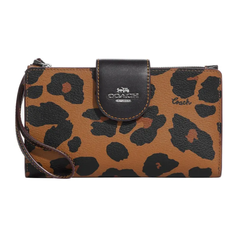 COACH Tech Wallet Coated Canvas With Smooth Leather Wrist Bag Card Holder, Wallet Women's Light Saddle Color-0
