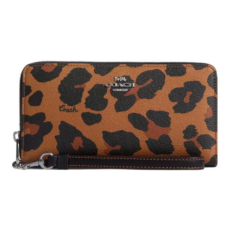 COACH Zip Around Coated Canvas With Smooth Leather Wrist Bags Clutches Wallets Women's Light Brown-0