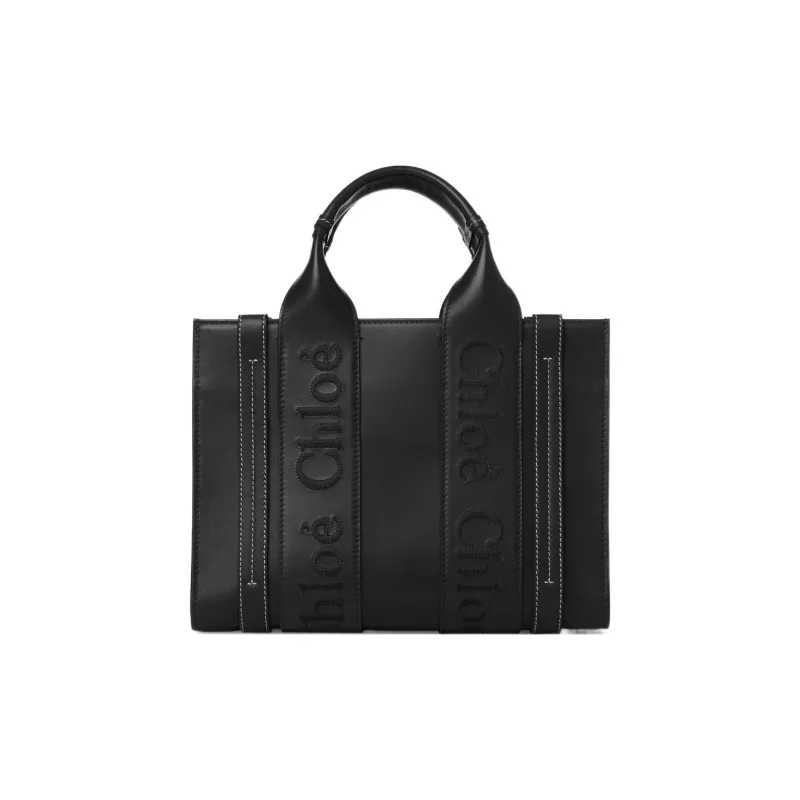 Chloe Woody Smooth Calf Leather Tote Bag Shopping Bag Shoulder Bag Crossbody Bag Handbag Small Size Women's Black-1