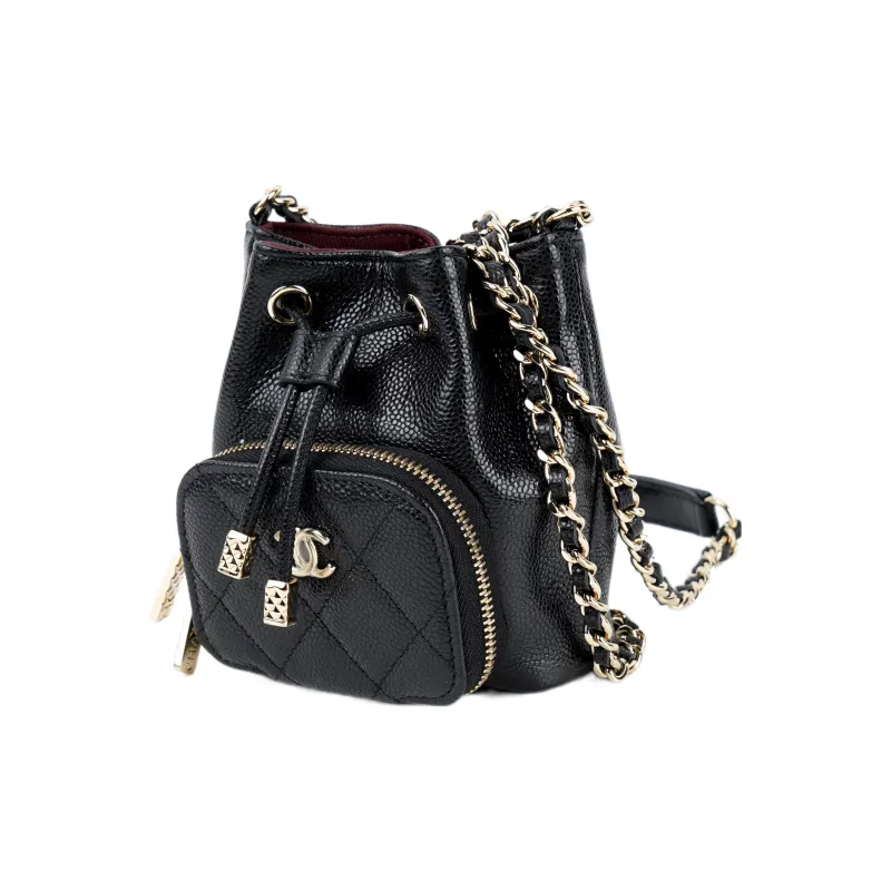 CHANEL Mini Bucket Bag With Chain Grained Calfskin Gold Black-1