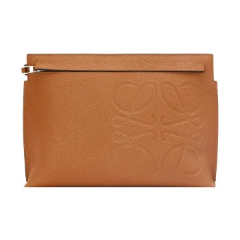 LOEWE T Pouch Bag Grained Calfskin Clutch Women's Brown