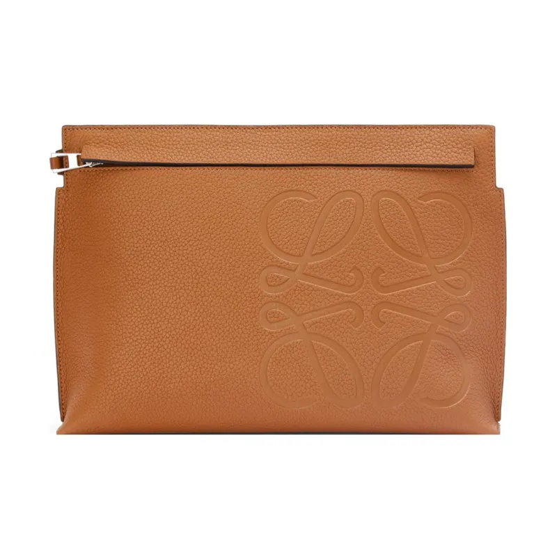 LOEWE T Pouch Bag Grained Calfskin Clutch Women's Brown-0