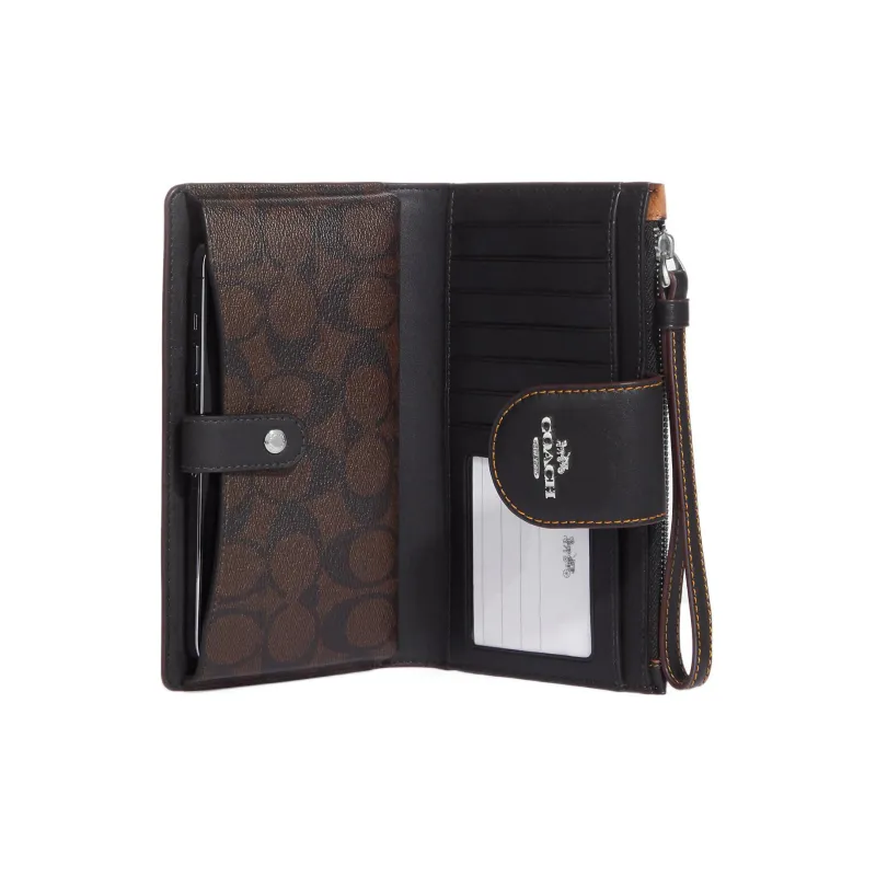 COACH Tech Wallet Coated Canvas With Smooth Leather Wrist Bag Card Holder, Wallet Women's Light Saddle Color-1