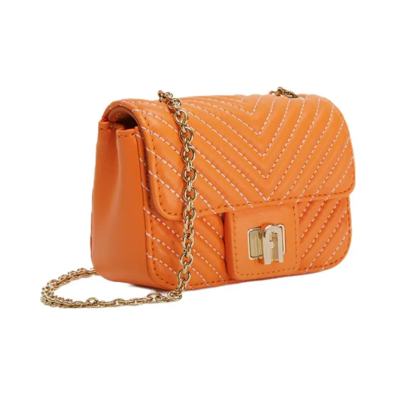 Furla Pop Star Quilting Nappa Lambskin Clutch Bag Over The Shoulder Mini Women's Bright Orange-1