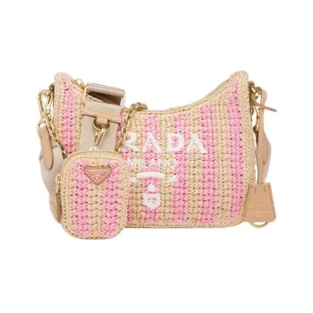 PRADA Re-Edition Natural Raffia Fiber Leather Detail Crossbody Bag Shoulder Bag Women's Tan/Floral Pink