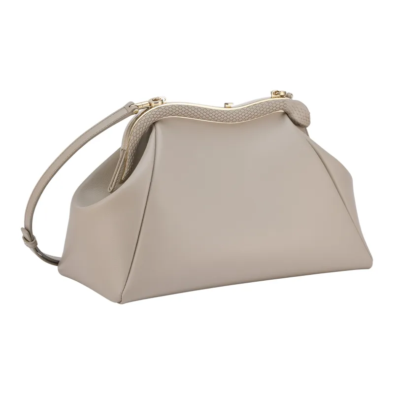 BVLGARI Serpentine Calfskin Evening Bag, Crossbody Bag, Shoulder Bag, Clutch Medium Size Women's Gray-3