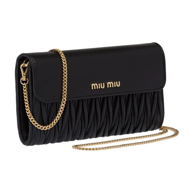 MIU MIU Matelassé Soft Sheepskin Wallet, Shoulder Bag, Crossbody Bag Women's Black-1