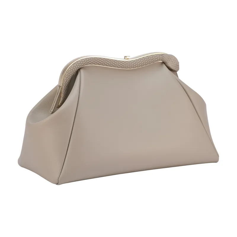 BVLGARI Serpentine Calfskin Evening Bag, Crossbody Bag, Shoulder Bag, Clutch Medium Size Women's Gray-2