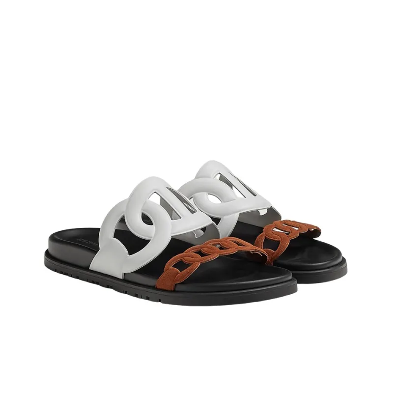 HERMES Extra Slide Slippers Women's White Brown-2
