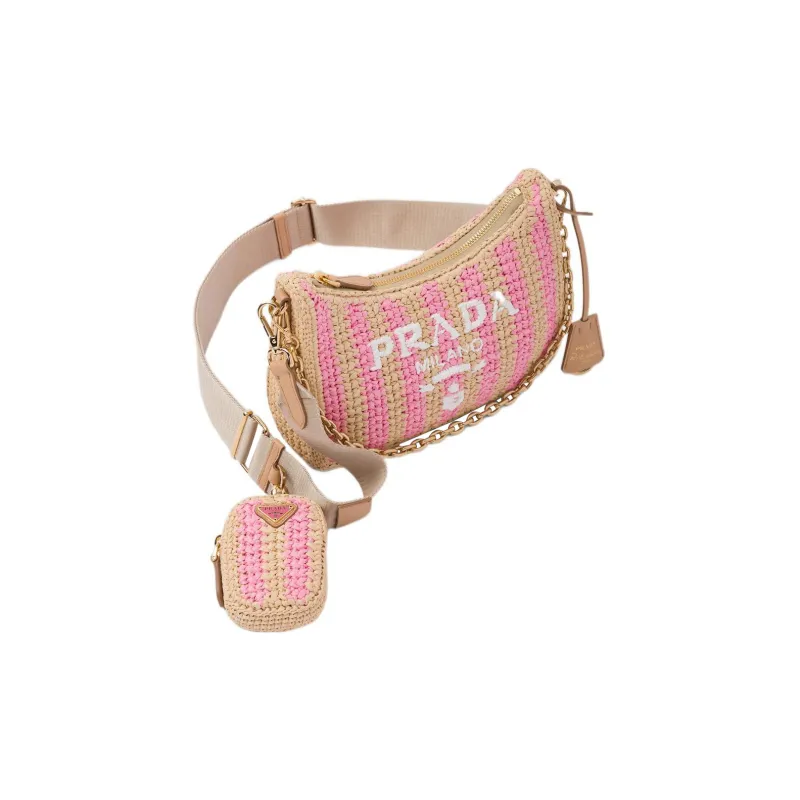 PRADA Re Edition Natural Raffia Fiber Leather Detail Crossbody Bag, Shoulder Bag Women's Tan/Petal Pink-1