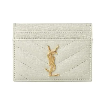SAINT LAURENT Monogramme Quilting Leather Card Clip Card Holder Women's Vintage White