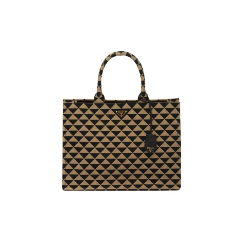 PRADA Symbol Jacquard Fabric With Leather Tote Bag, Shopping Bag, Handbag Women's Black/Beige Yellow
