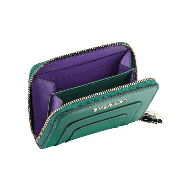 BVLGARI Serpenti Forever Calfskin Card Clip Wallets Women's Green-1