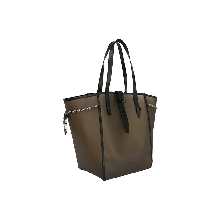 Furla Net Collection Calfskin With Canvas Tote Bag Shopping Bag Shoulder Bag Handbag Large Size Women's Olive Green-1