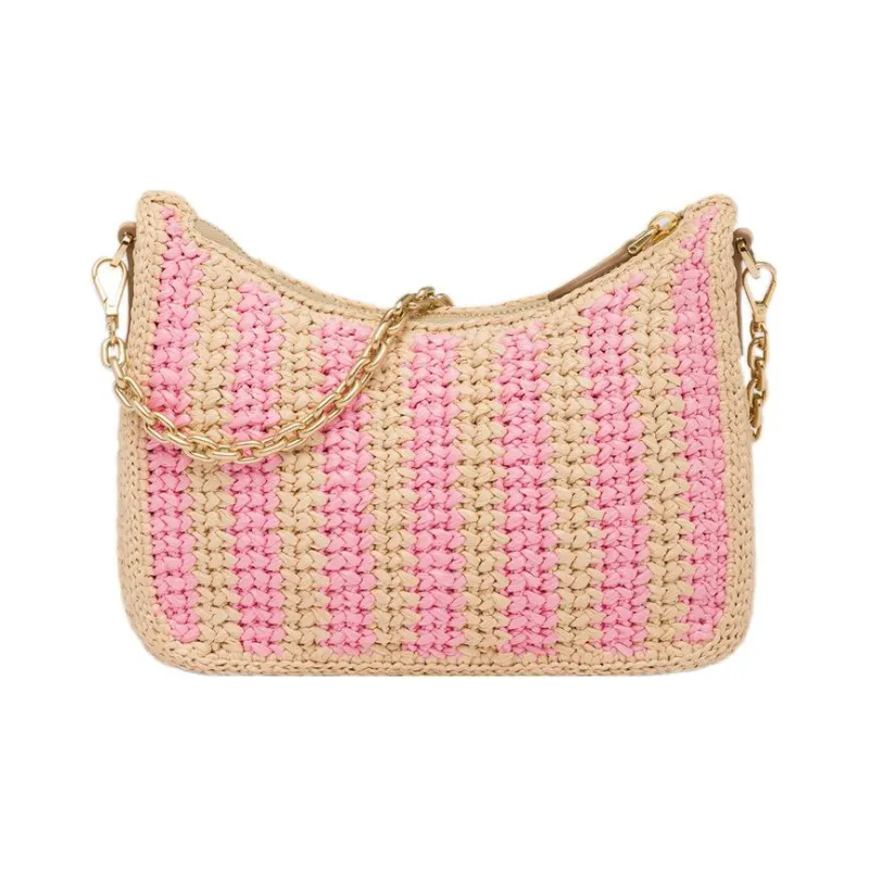 PRADA Re Edition Natural Raffia Fiber Leather Detail Crossbody Bag, Shoulder Bag Women's Tan/Petal Pink-2