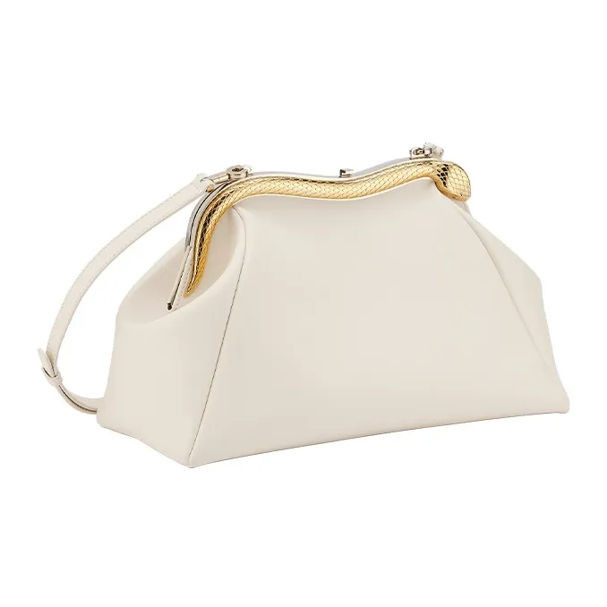 BVLGARI Serpentine Calfskin Evening Bag, Crossbody Bag, One Shoulder Clutch Medium Size Women's White-1