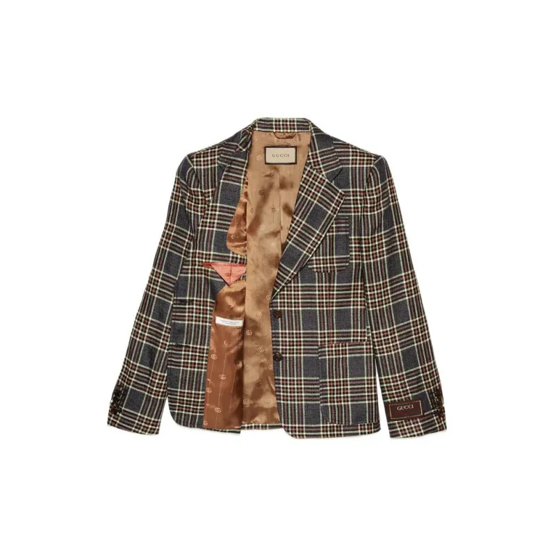 GUCCI Logo Patch Checked Single-Breasted Blazer-1