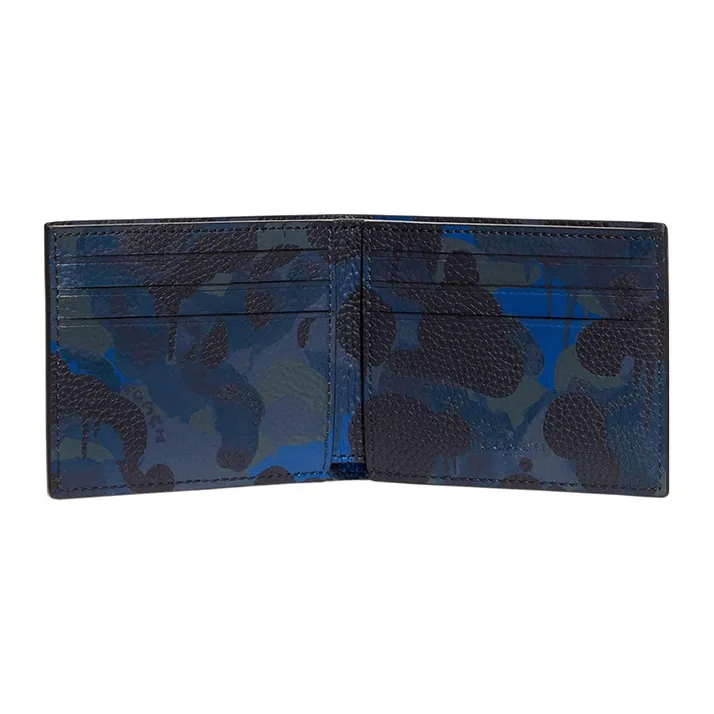COACH Billfold Wallet Glossy Pebbled Leather Coin Purse Card Holder Wallet Mini Men's Camouflage Blue-1