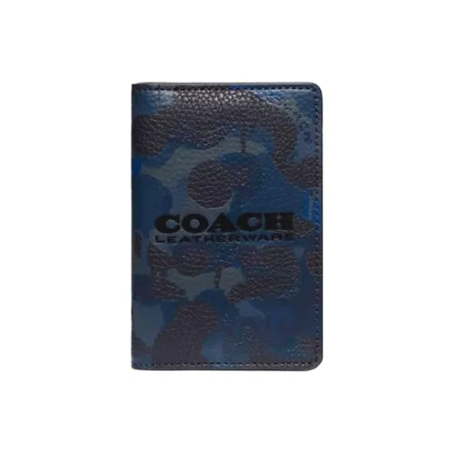 COACH Card Wallet Glossy Pebbled Leather Card Holder Wallet Mini Women's Camouflage Blue