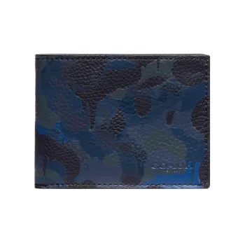 COACH Billfold Wallet Glossy Pebbled Leather Coin Purse Card Holder Wallet Mini Men's Camouflage Blue