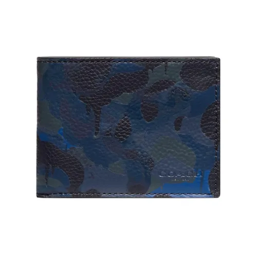 COACH Billfold Wallet Glossy Pebbled Leather Coin Purse Card Holder Wallet Mini Men's Camouflage Blue