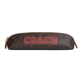 COACH Pencil Case Canvas With Smooth Leather Makeup Brush Bag Makeup Bag Small Size Women's Brown