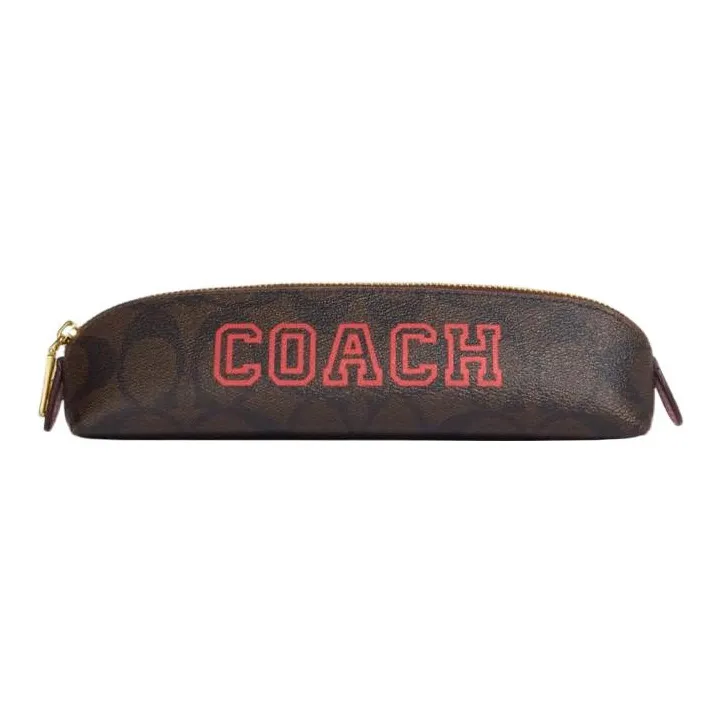 COACH Pencil Case Canvas With Smooth Leather Makeup Brush Bag Makeup Bag Small Size Women's Brown-0