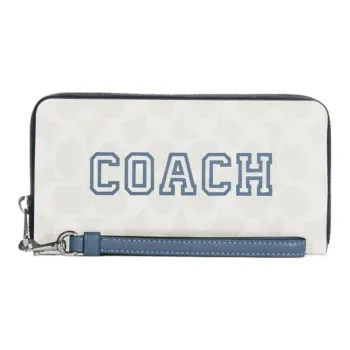 COACH Zip Around Smooth Leather With Canvas Wrist Bag Clutch Wallet Trumpets Women's Chalk White & Indigo