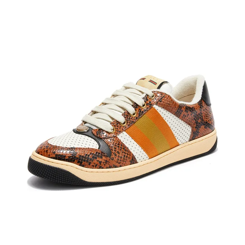GUCCI Screener Distressed Shoes Low Top Stylish Skateboarding Shoes Men's Brown White-2