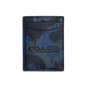 COACH Card Case Soft Polished Pebbled Leather Money Clip Card Holder Mini Women's Camouflage Blue