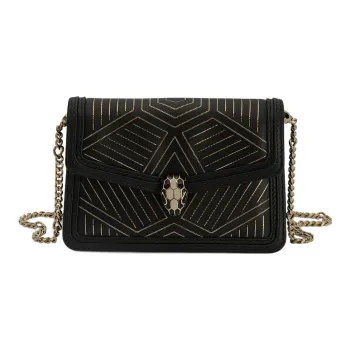 BVLGARI Serpenti Diamond Blast Smooth Calf Leather Chain Bag Crossbody Bag Shoulder Bag Small Size Women's Black