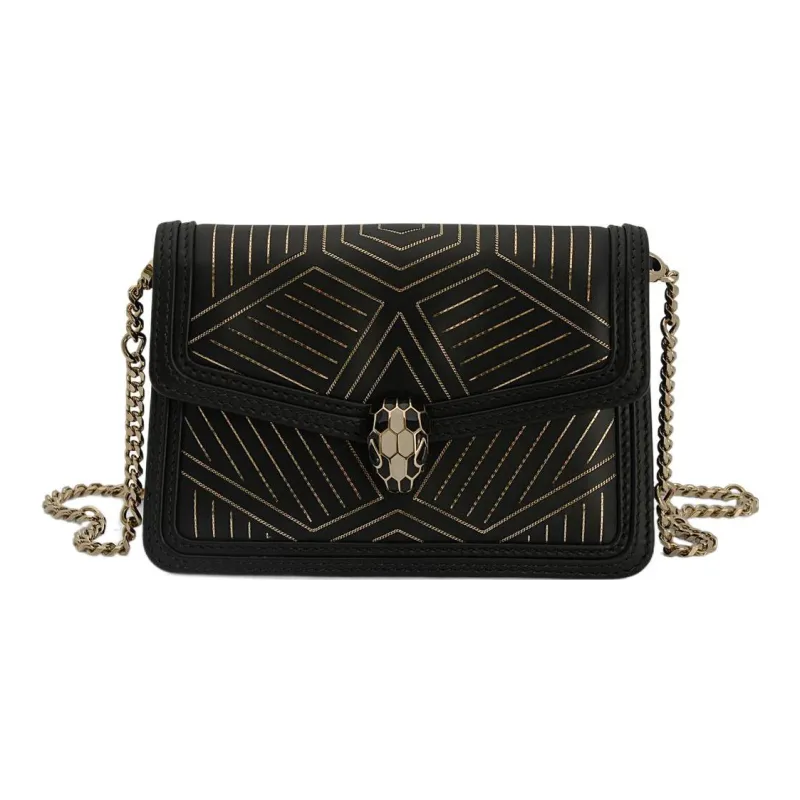 BVLGARI Serpenti Diamond Blast Smooth Calf Leather Chain Bag Crossbody Bag Shoulder Bag Small Size Women's Black-0
