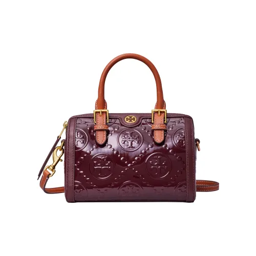 TORY BURCH T Monogram Embossed Patent Leather Barrel Bag Shoulder Bag Crossbody Bag Handbag Mini Women's Burgundy