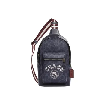 COACH West Coated Canvas With Calfskin Shoulder Bag, Crossbody Bag, Sling Bag Trumpets Men's Denim & Chalk White
