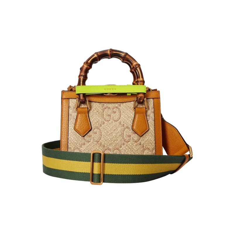GUCCI Diana Raffia With Leather Tote Bag Shopping Bag Shoulder Bag Crossbody Bag Handbag Mini Women's Beige-4