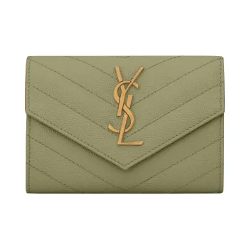 SAINT LAURENT CASSANDRE Cow Leather Envelope Bag Wallets Small Size Women's Light Gray Green