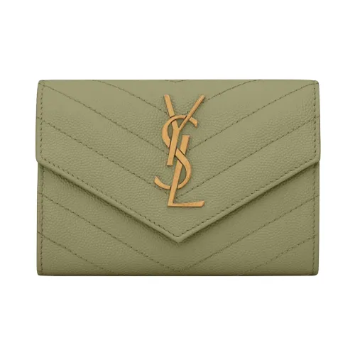 SAINT LAURENT CASSANDRE Cow Leather Envelope Bag Wallets Small Size Women's Light Gray Green