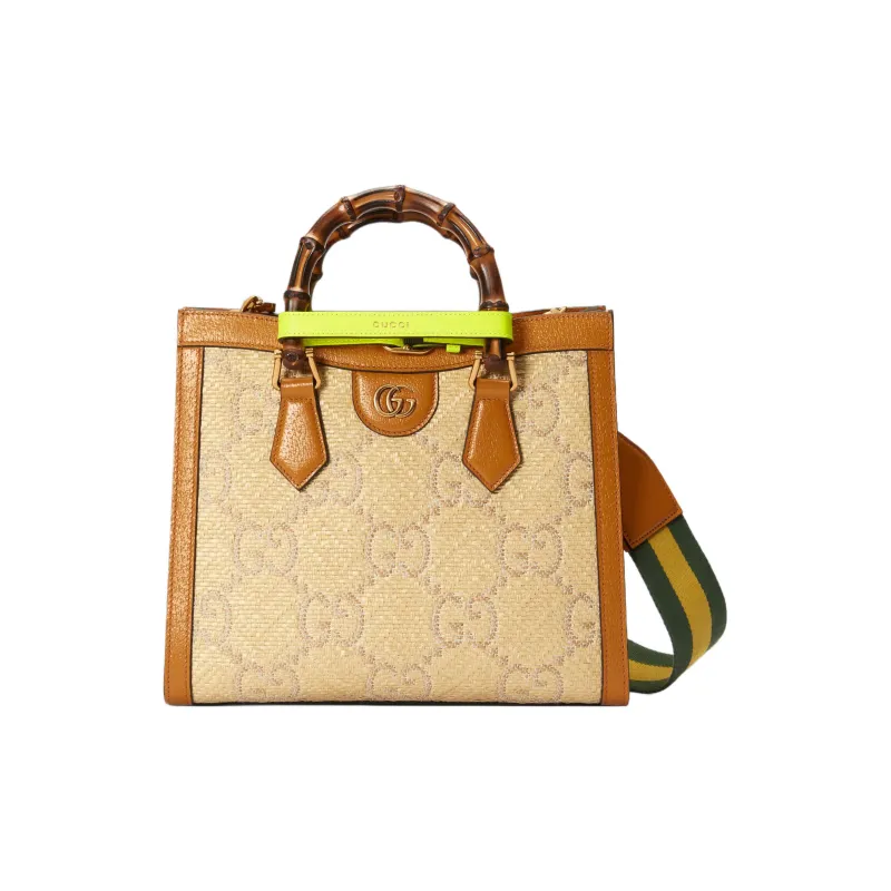 GUCCI Diana Raffia With Leather Tote Bag Shopping Bag Shoulder Bag Crossbody Bag Handbag Small Size Women's Orange-0