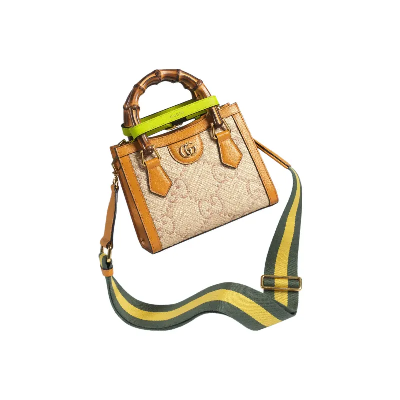GUCCI Diana Raffia With Leather Tote Bag Shopping Bag Shoulder Bag Crossbody Bag Handbag Mini Women's Beige-8