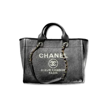 CHANEL Fabric Beach Bag Tote Bag Shopping Bag Shoulder Bag Crossbody Bag Handbag Medium Size Women's Gray White