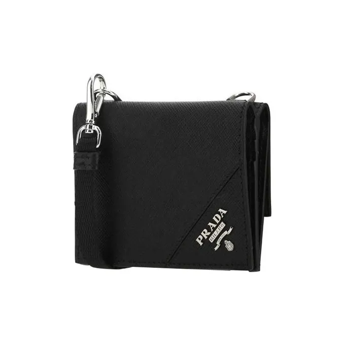 PRADA Saffiano Leather Crossbody Card Clip Card Holder Wallet Women's Black-1